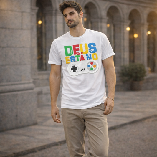 Camiseta Frase "Deus está no controle" vídeo game