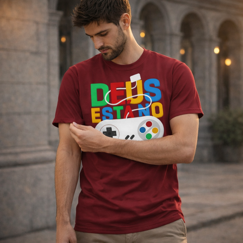 Camiseta Frase "Deus está no controle" vídeo game